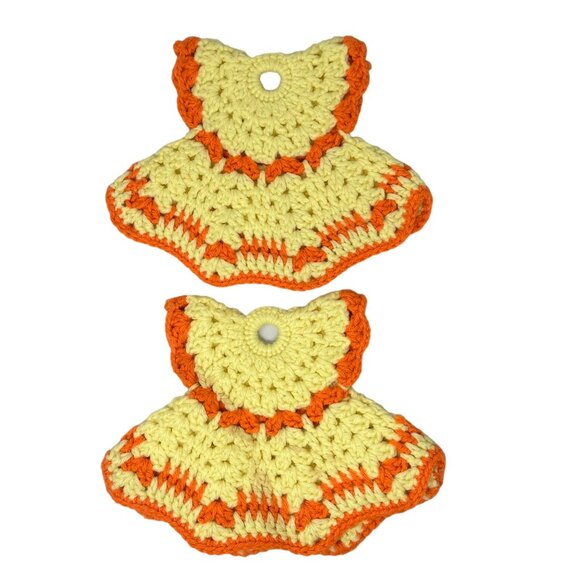 Vintage Handmade Crochet Dress Pot Holders Yellow Orange Ring Hole 7 x 6 Inch - Picture 1 of 6